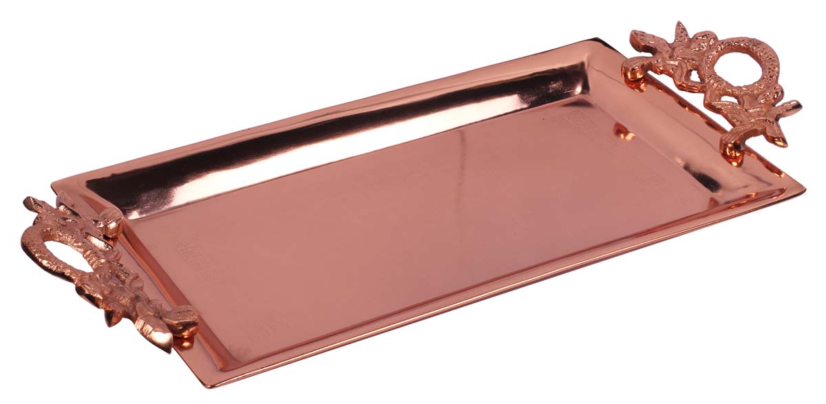 Buy in Bulk Wholesale Decorative Tray - 18” Rectangular Metal Copper Color - Hand-Etched Serving Tray with Decorative Aluminium Handles - Home Decor/Kitchen Essentials